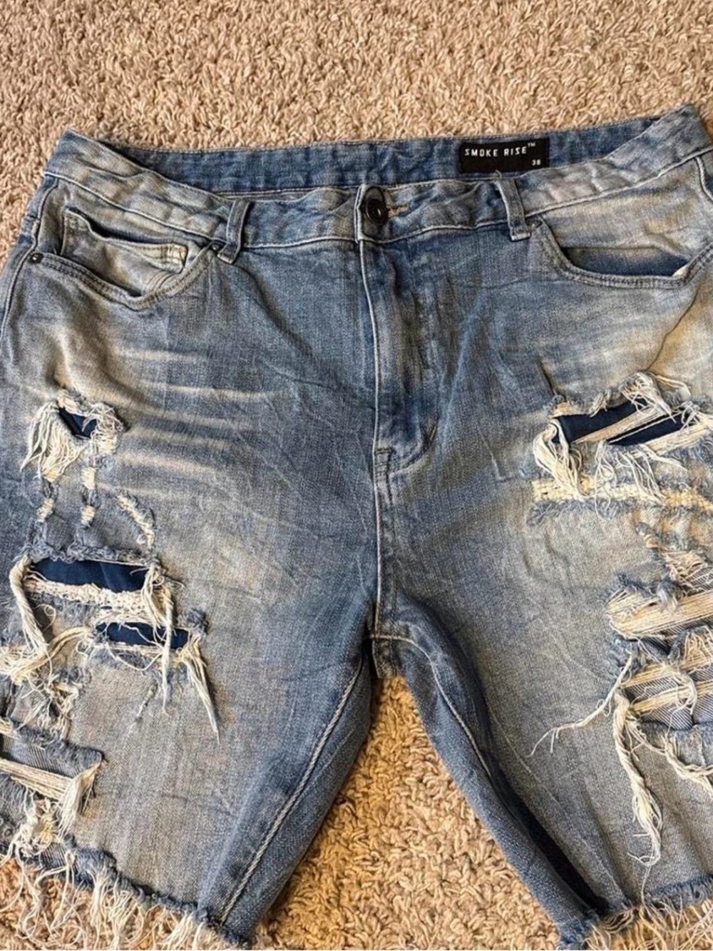 Smoke Rise Distressed Ripped Biker Denim Shorts Light Wash Mens Size 38